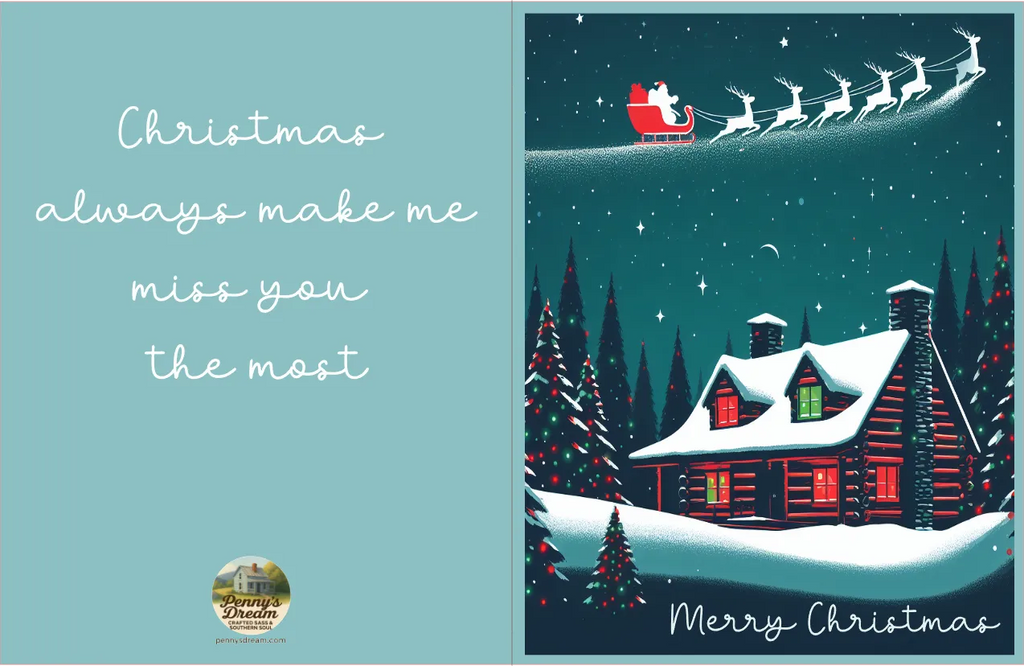 Christmas card with Santa Claus in sleigh over a snowy village, featuring text 'Christmas always make me miss you the most'.