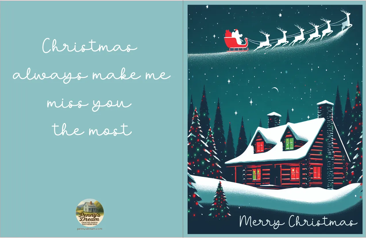 Christmas card with Santa Claus in sleigh over a snowy village, featuring text 'Christmas always make me miss you the most'.