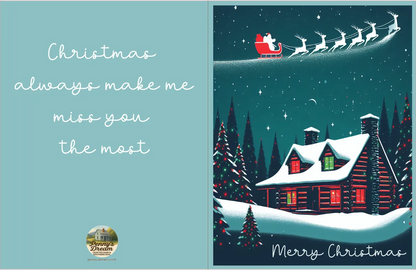 Christmas card with Santa Claus in sleigh over a snowy village, featuring text 'Christmas always make me miss you the most'.
