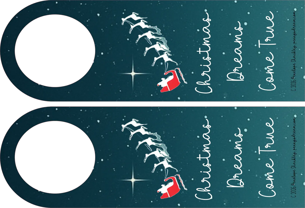 Two door hangers with Santa Claus and reindeer design on a dark blue background.