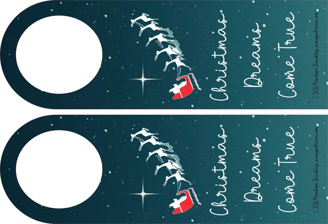 Two door hangers with Santa Claus and reindeer design on a dark blue background.