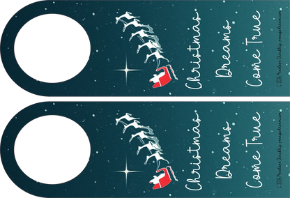 Two door hangers with Santa Claus and reindeer design on a dark blue background.