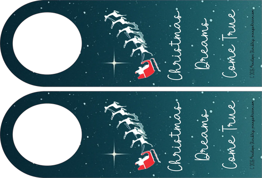 Two door hangers with Santa Claus and reindeer design on a dark blue background.
