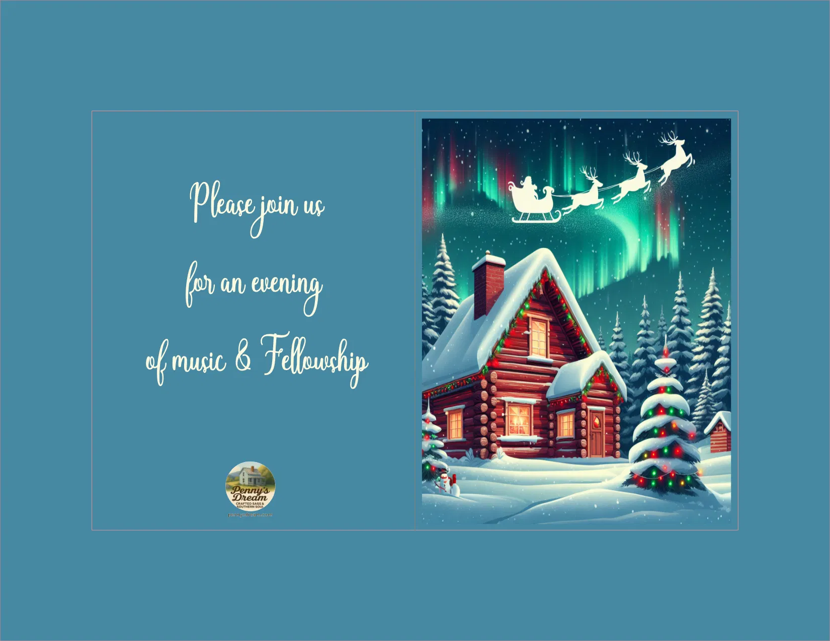 Invitation card with Santa Claus flying over a snowy cabin and northern lights on a blue background.