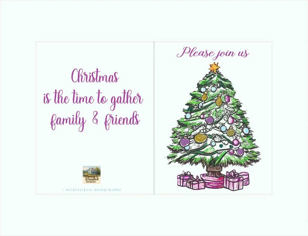 A square holiday invitation card design with a split layout. The left side has purple script text reading 'Christmas is the time to gather family & friends' on a white background, with a tiny logo near the bottom.