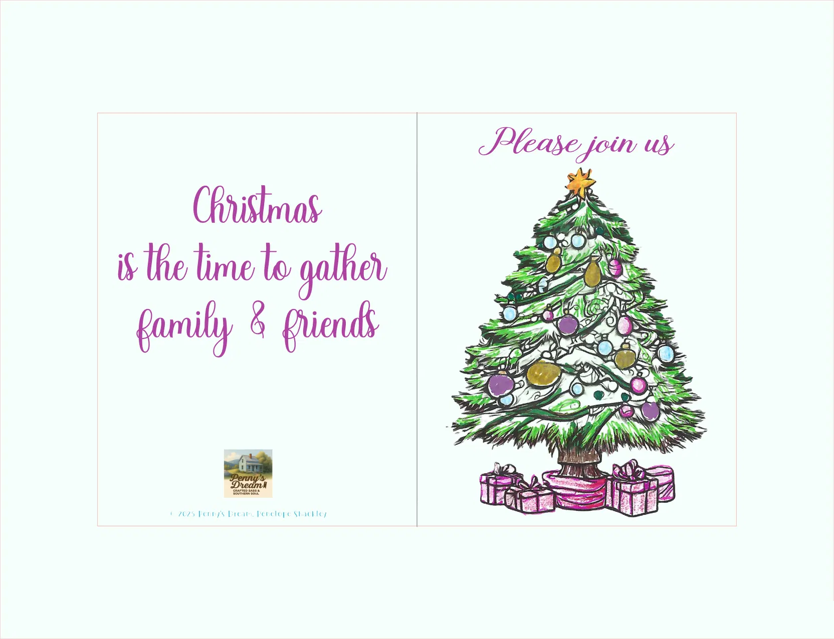 A square holiday invitation card design with a split layout. The left side has purple script text reading 'Christmas is the time to gather family & friends' on a white background, with a tiny logo near the bottom.