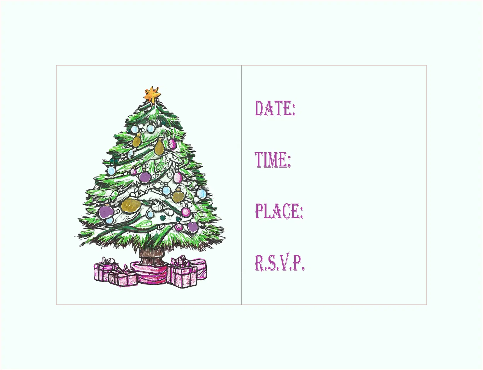 A Christmas-themed invitation card featuring a hand-drawn green Christmas tree with ornaments and presents, alongside fill-in lines for date, time, place, and RSVP.