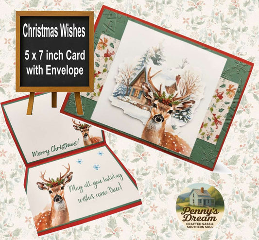 Christmas cards with deer illustrations and festive text on a decorative background.