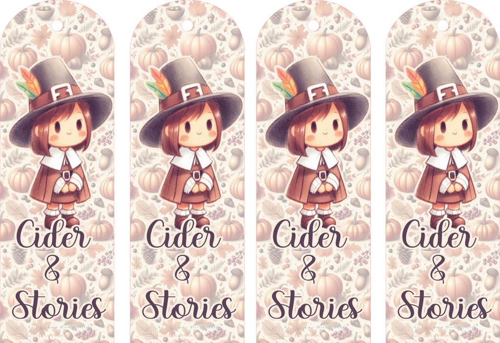 Four identical skateboard decks with a cartoon pilgrim character, pumpkins, and 'Cider & Stories' text on a patterned background.