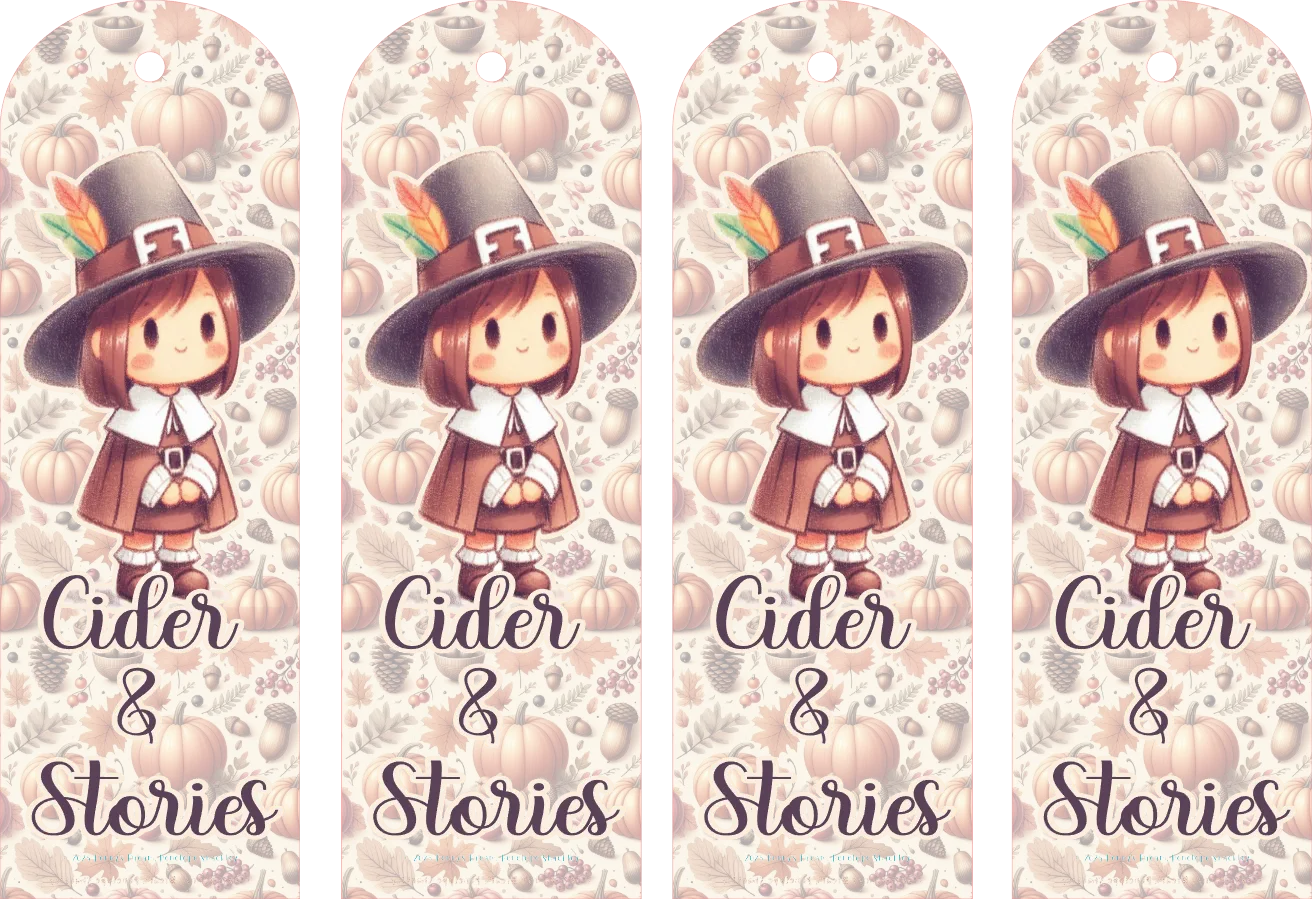 Four identical skateboard decks with a cartoon pilgrim character, pumpkins, and 'Cider & Stories' text on a patterned background.