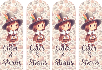 Four identical skateboard decks with a cartoon pilgrim character, pumpkins, and 'Cider & Stories' text on a patterned background.