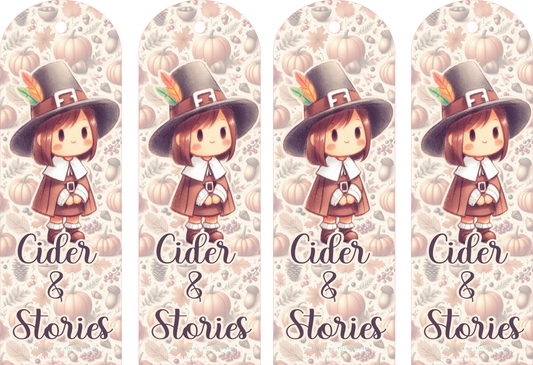Four identical skateboard decks with a cartoon pilgrim character, pumpkins, and 'Cider & Stories' text on a patterned background.