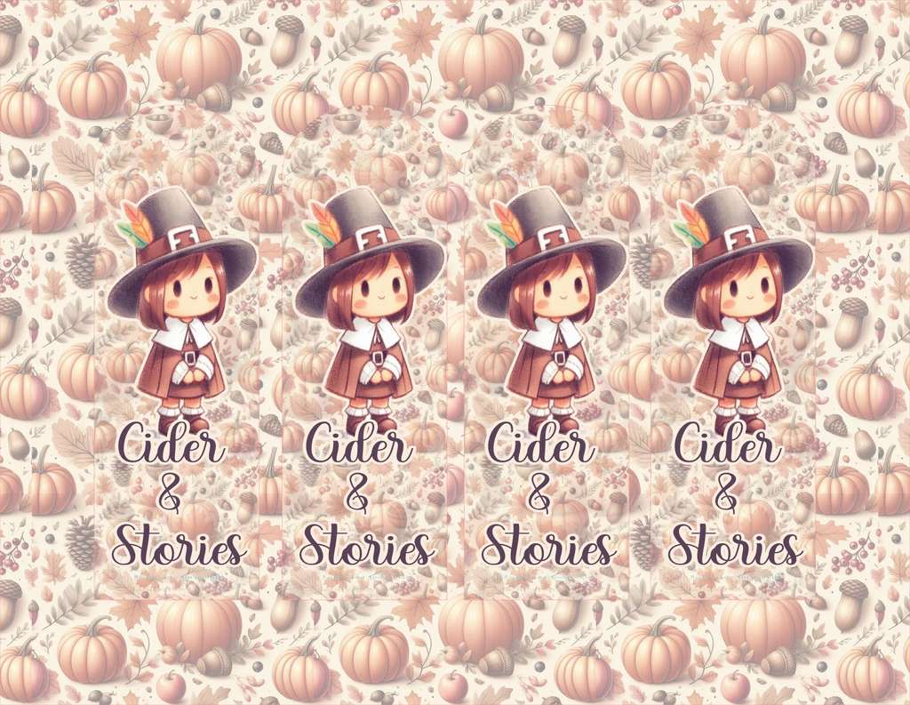 Pattern with pumpkins, acorns, and a character wearing a pilgrim hat on a 'Cider & Stories' background.