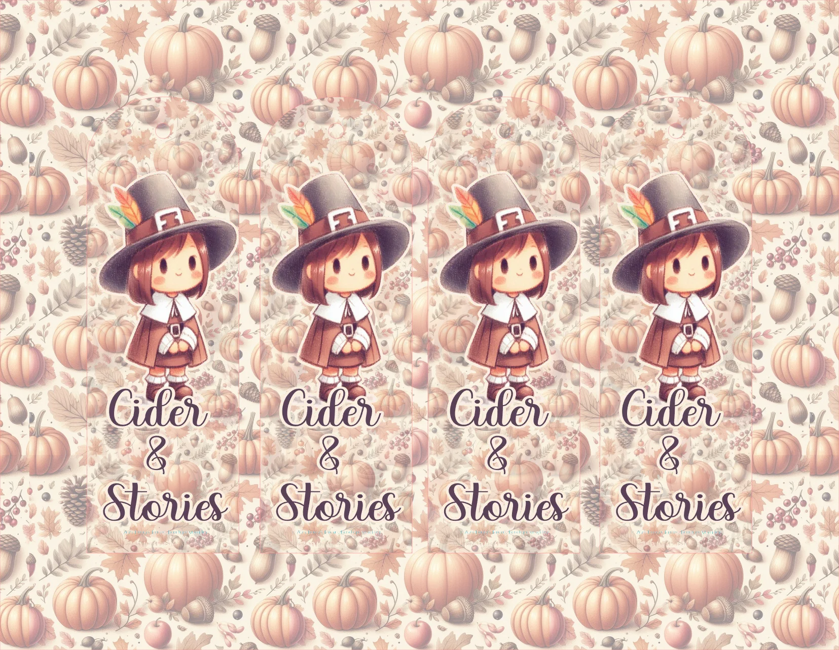 Pattern with pumpkins, acorns, and a character wearing a pilgrim hat on a 'Cider & Stories' background.