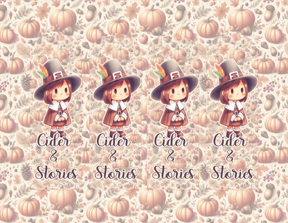 Pattern with pumpkins, acorns, and a character wearing a pilgrim hat on a 'Cider & Stories' background.