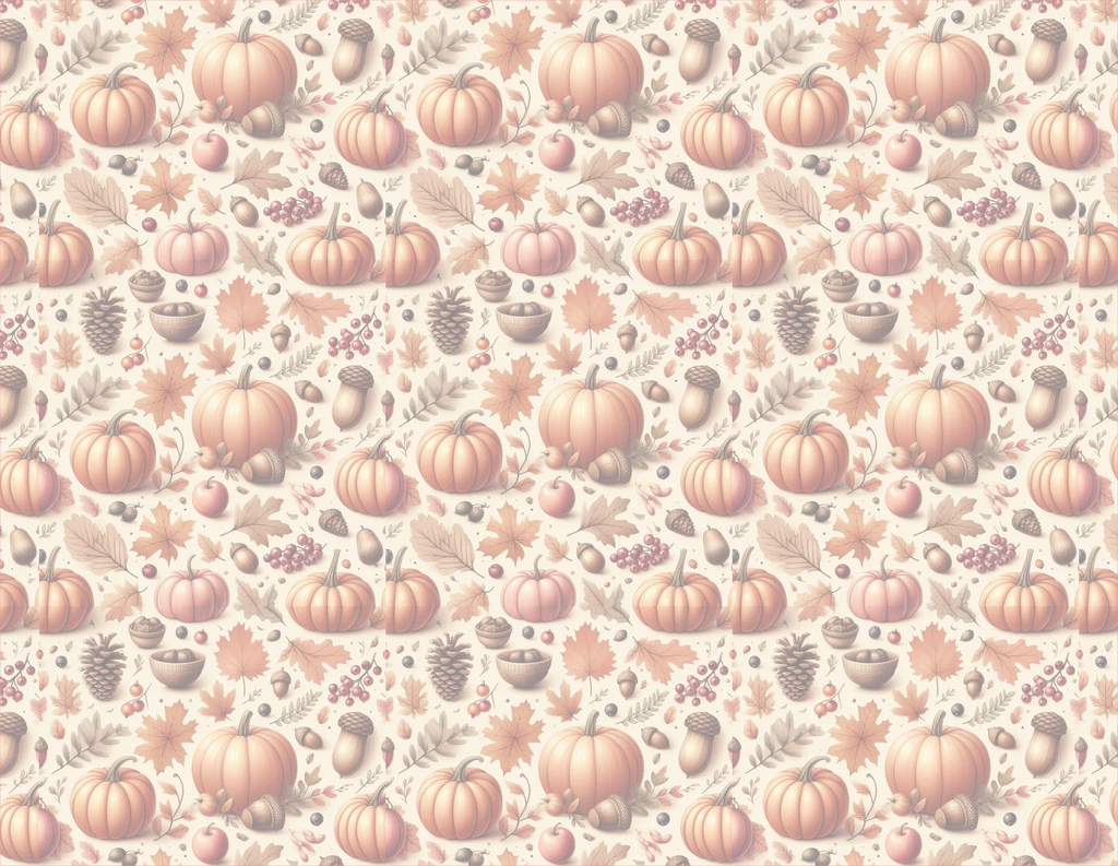 Pattern of pumpkins, leaves, and acorns on a beige background