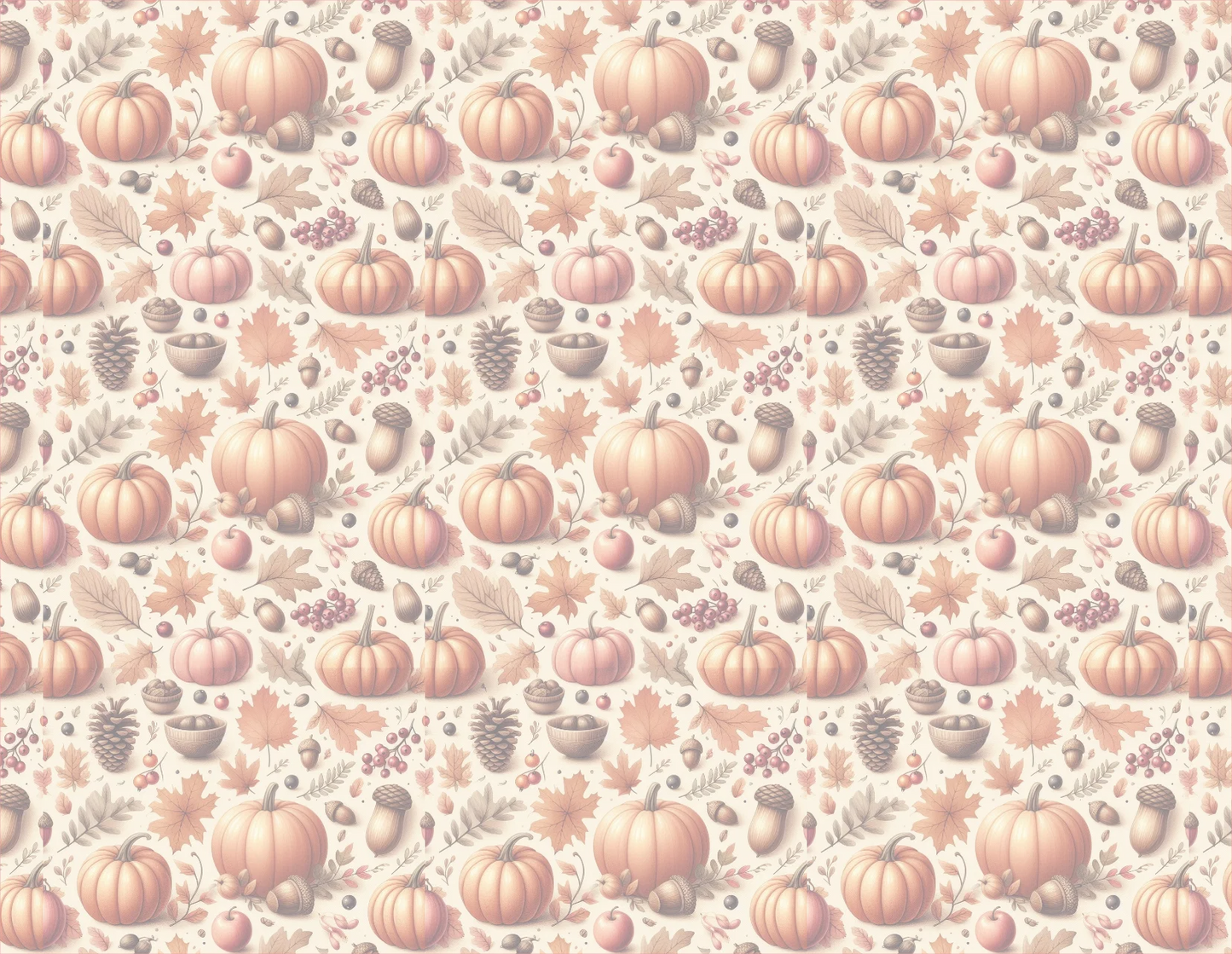 Pattern of pumpkins, leaves, and acorns on a beige background