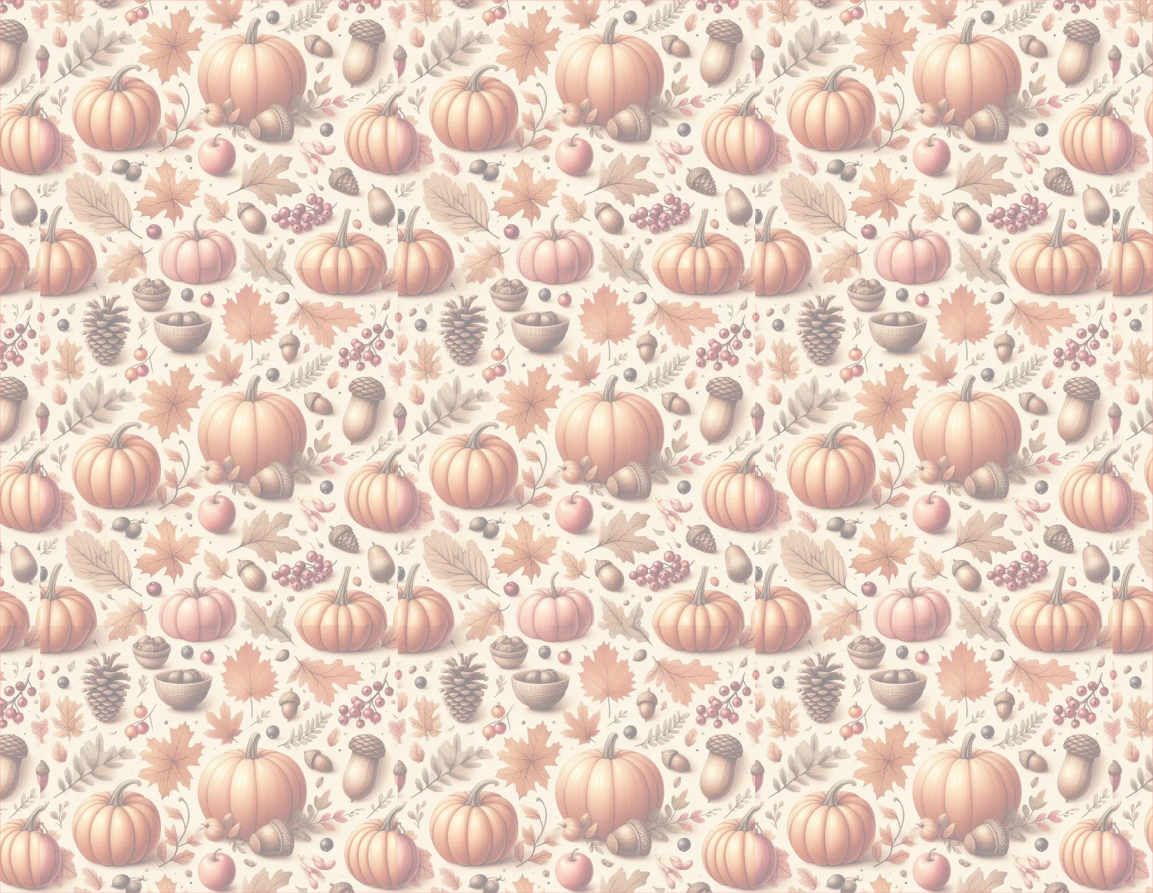 Pattern of pumpkins, leaves, and acorns on a beige background