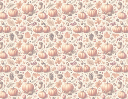 Pattern of pumpkins, leaves, and acorns on a beige background