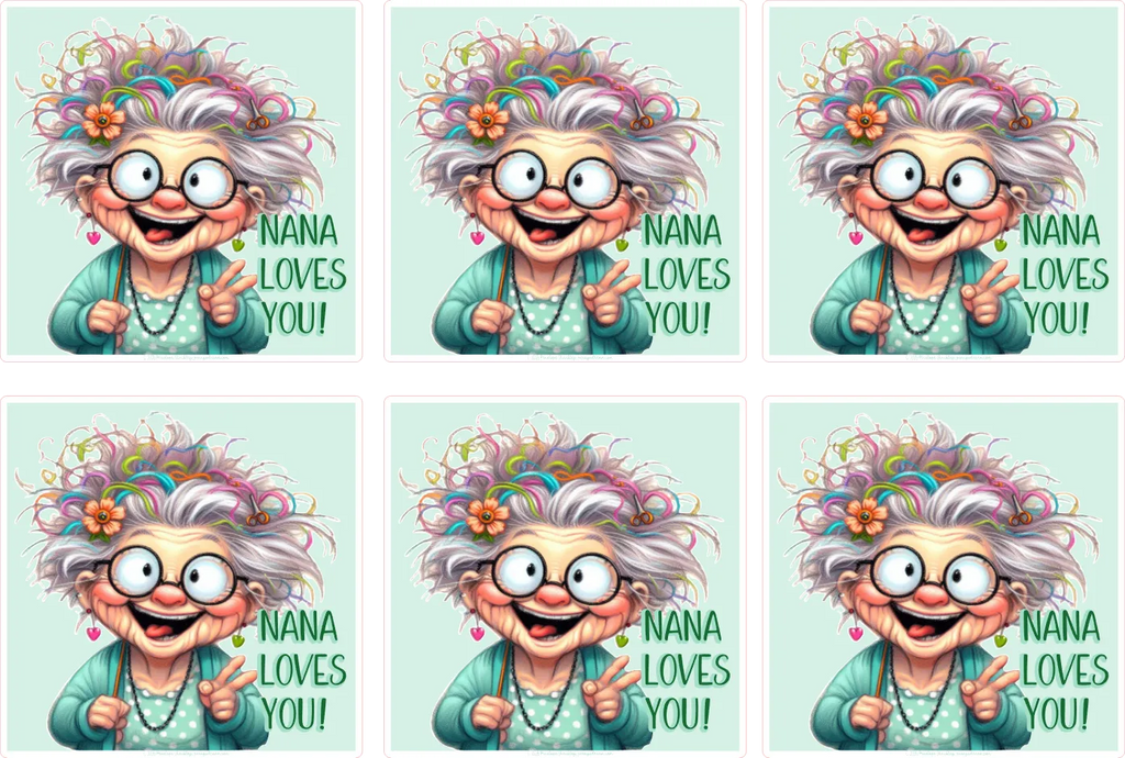 Six identical cartoon images of a happy grandma with colorful hair and glasses, accompanied by the text 'Nana loves you!' on a light blue background.