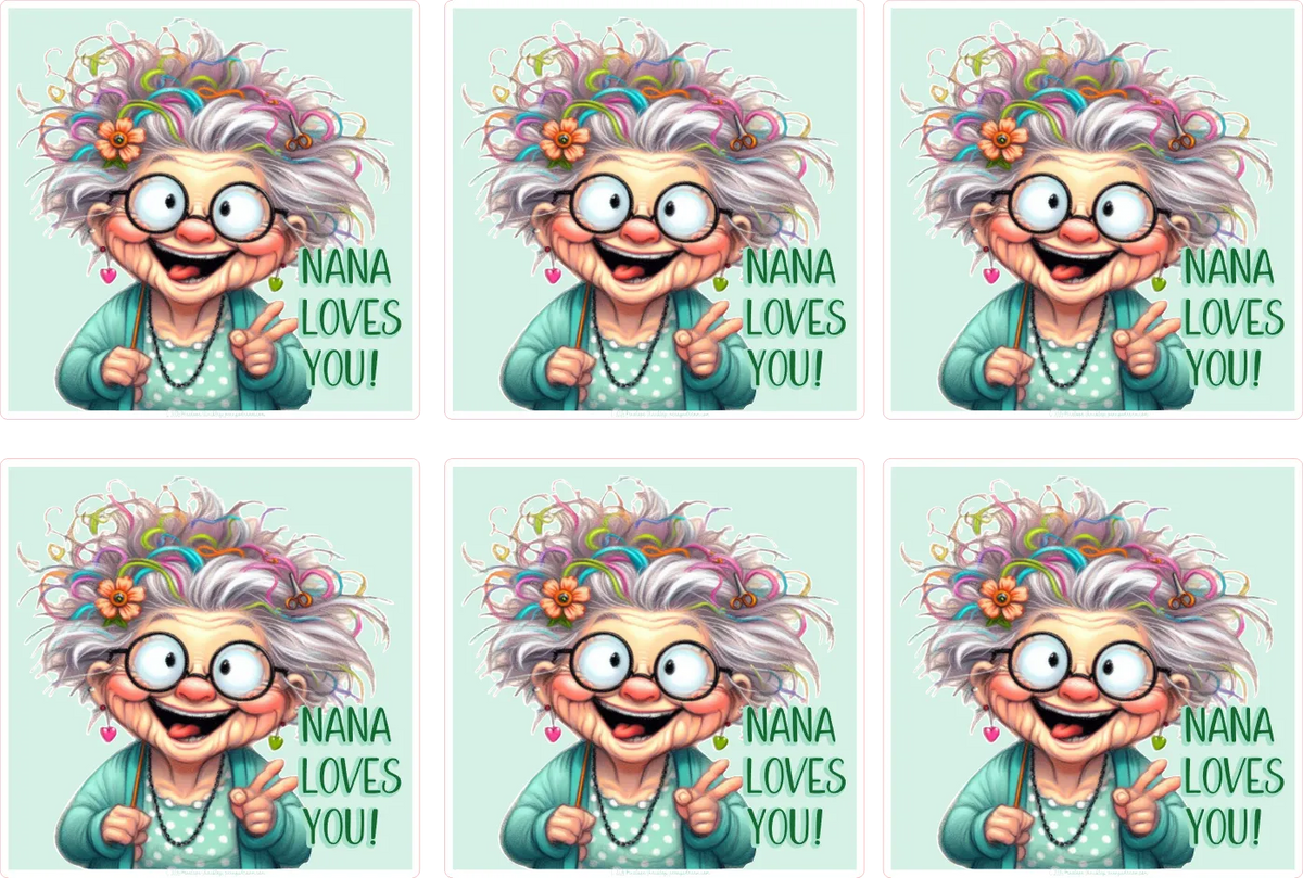 Six identical cartoon images of a happy grandma with colorful hair and glasses, accompanied by the text 'Nana loves you!' on a light blue background.