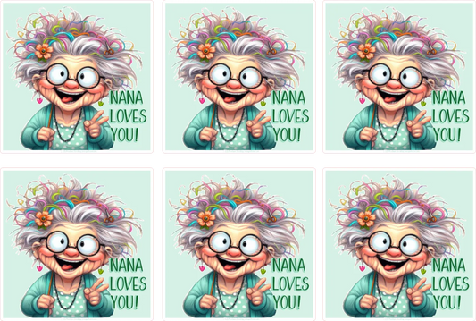 Six identical cartoon images of a happy grandma with colorful hair and glasses, accompanied by the text 'Nana loves you!' on a light blue background.