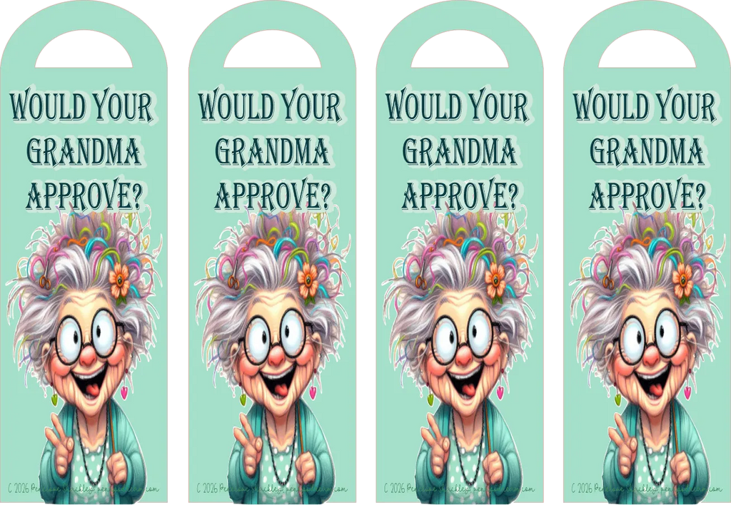 Four identical tags with a cartoon grandma character and text 'Would your grandma approve?' on a light blue background.