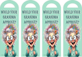 Four identical tags with a cartoon grandma character and text 'Would your grandma approve?' on a light blue background.