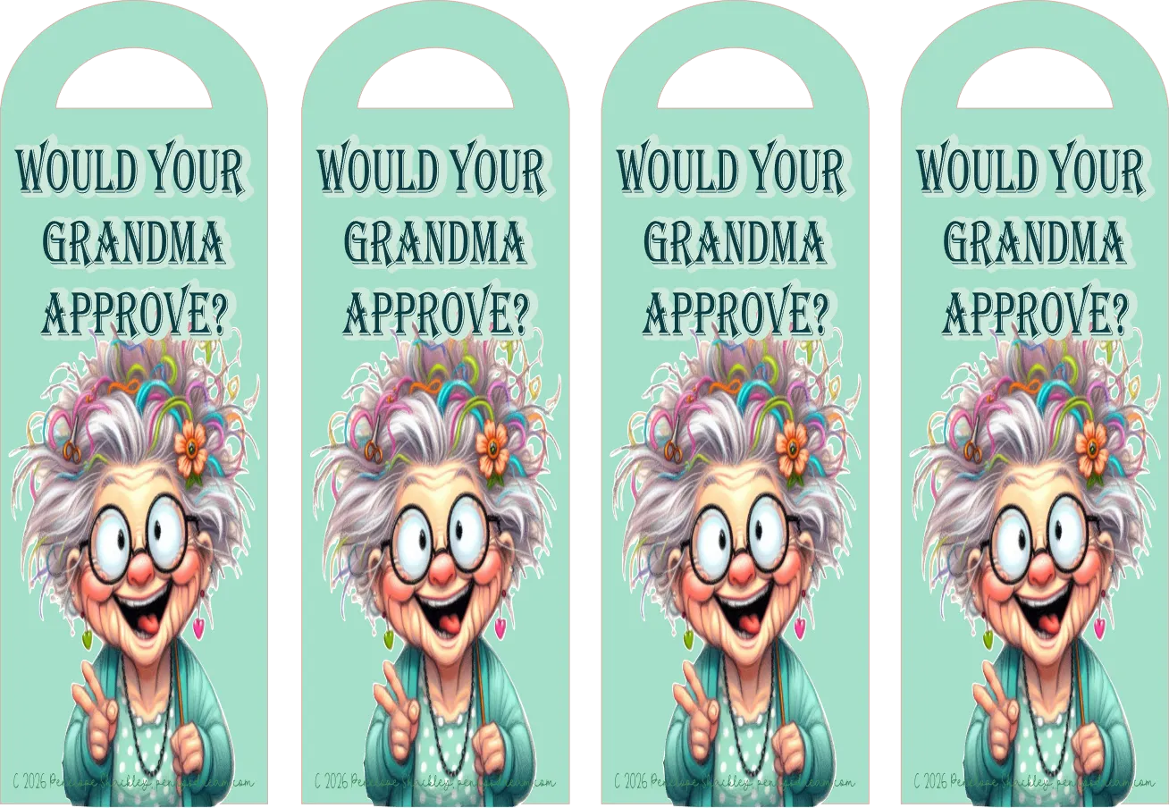 Four identical tags with a cartoon grandma character and text 'Would your grandma approve?' on a light blue background.