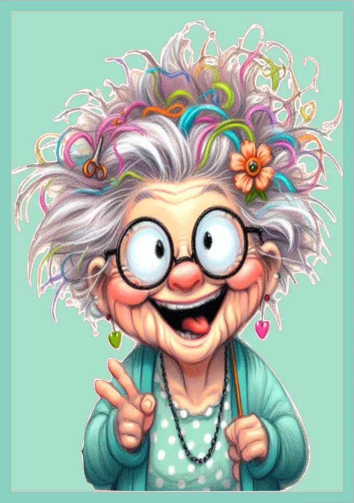 Cartoon-like illustration of an elderly woman with colorful hair and glasses on a teal background