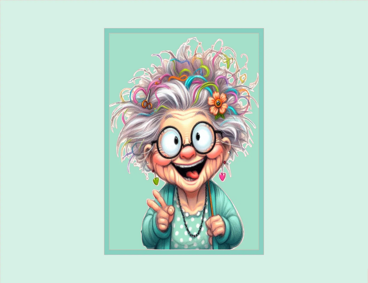 Cartoon elderly woman with colorful hair and glasses on a light blue background