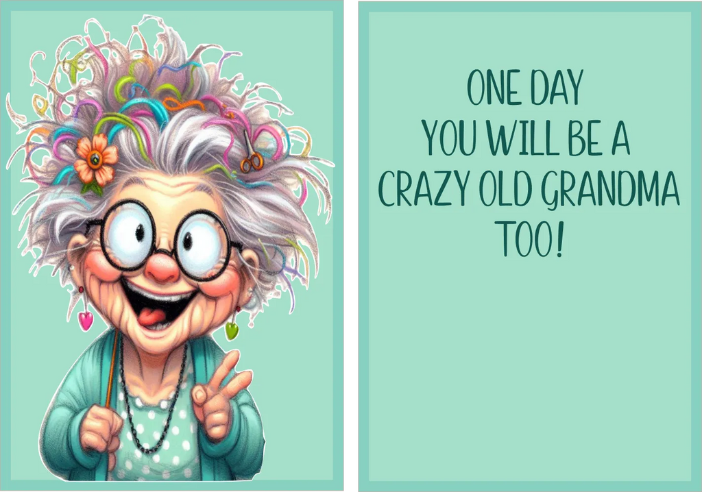 Cartoon grandma with colorful hair and glasses on a teal background with text.