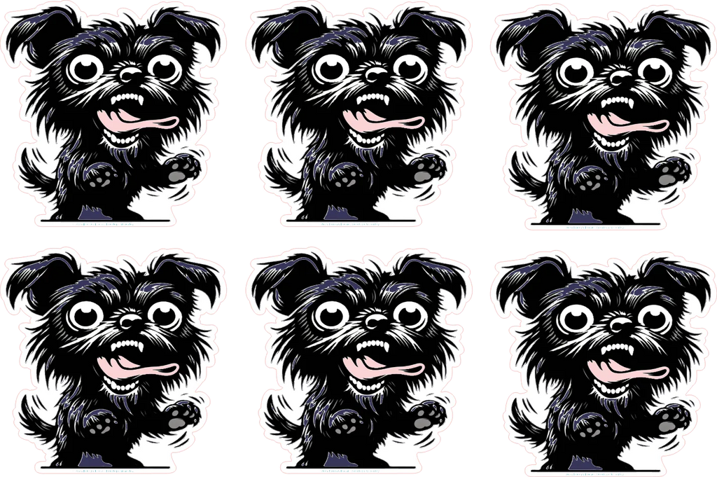 Six identical cartoon dog graphics arranged in a 2x3 grid on a white background. The dogs are stylized as fluffy black and white dogs with wide eyes, open mouths, and raised paws.