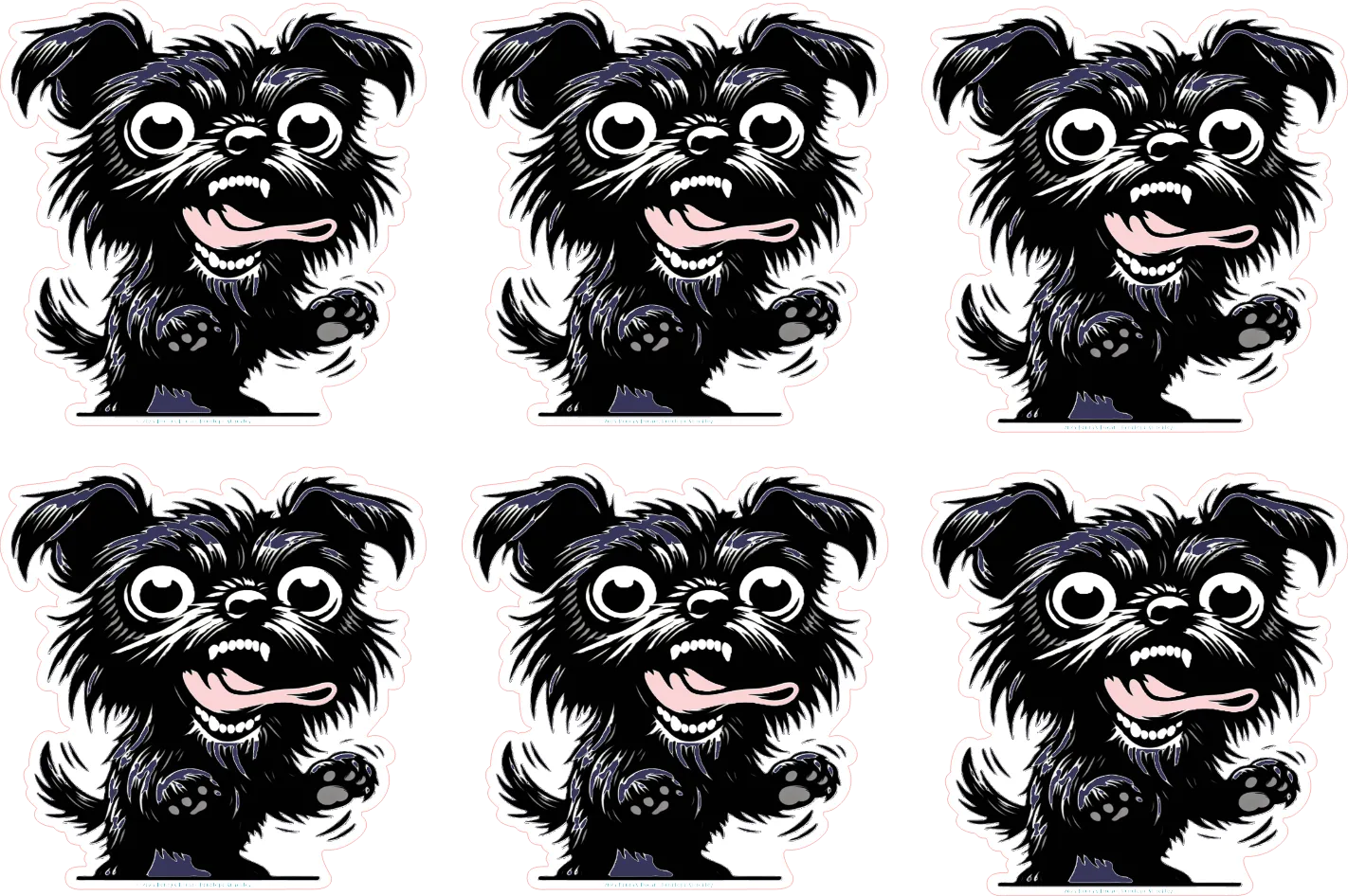 Six identical cartoon dog graphics arranged in a 2x3 grid on a white background. The dogs are stylized as fluffy black and white dogs with wide eyes, open mouths, and raised paws.