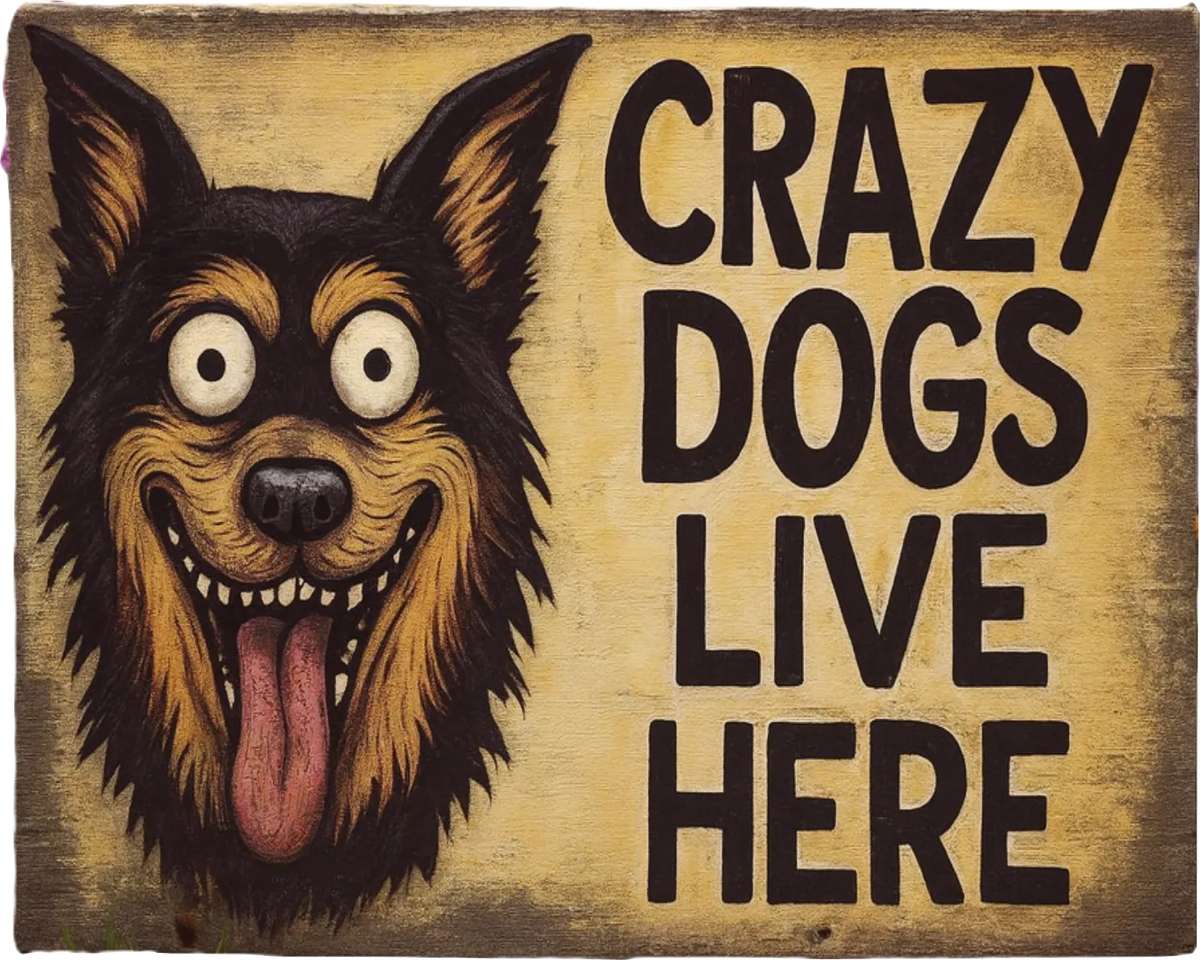 Wooden sign with a cartoon dog face and text 'Crazy dogs live here' on a rustic background.