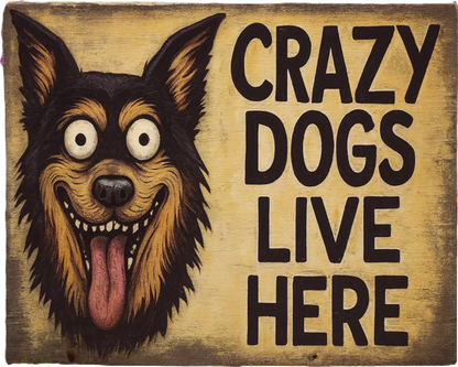 Wooden sign with a cartoon dog face and text 'Crazy dogs live here' on a rustic background.