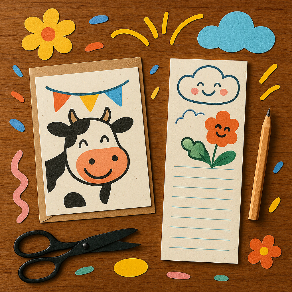 Cartoon cow card and notepad with decorative elements on a wooden surface