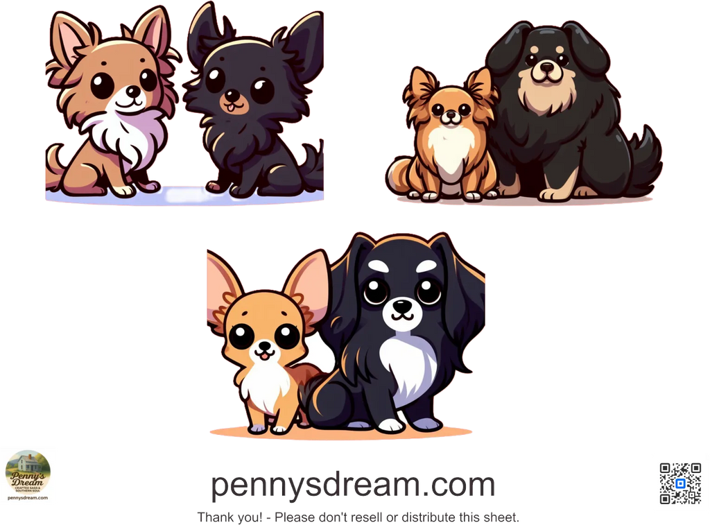 Cartoon dogs in different poses with 'pennysdream.com' branding.