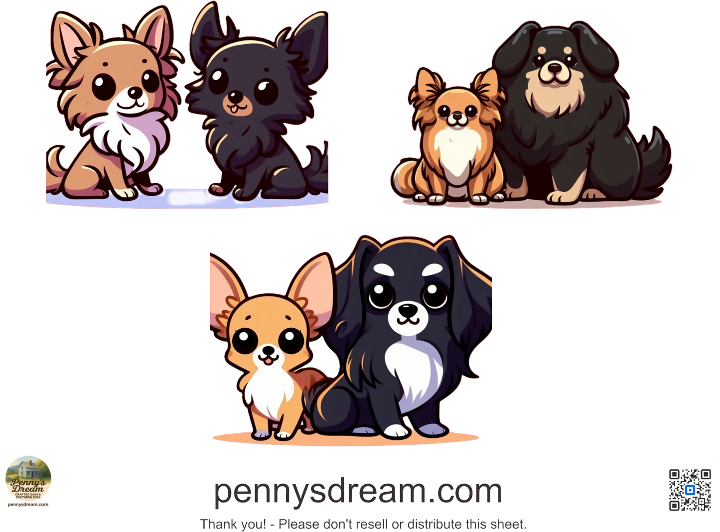 Cartoon dogs in different poses with 'pennysdream.com' branding.