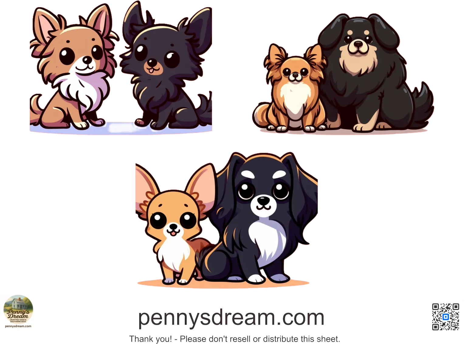 Cartoon dogs in different poses with 'pennysdream.com' branding.