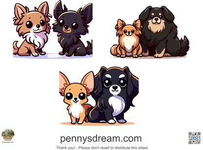 Cartoon dogs in different poses with 'pennysdream.com' branding.