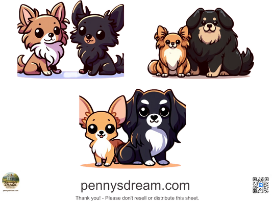 Cartoon dogs in different poses with 'pennysdream.com' branding.