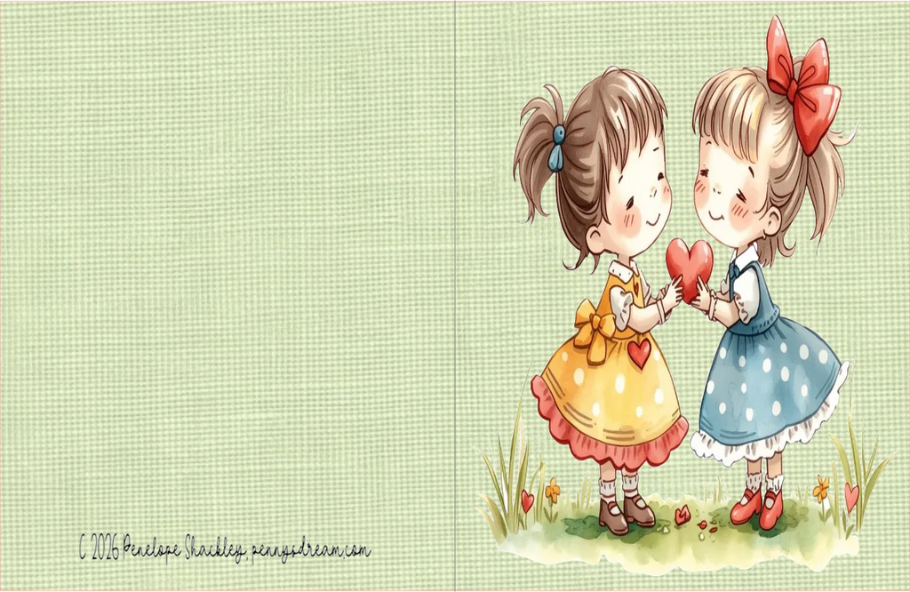Cartoon illustration of two girls holding a heart on a green checkered background
