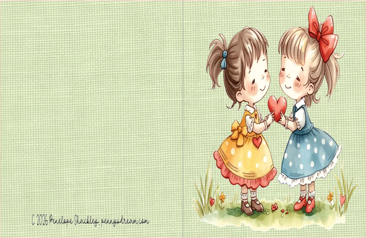 Cartoon illustration of two girls holding a heart on a green checkered background