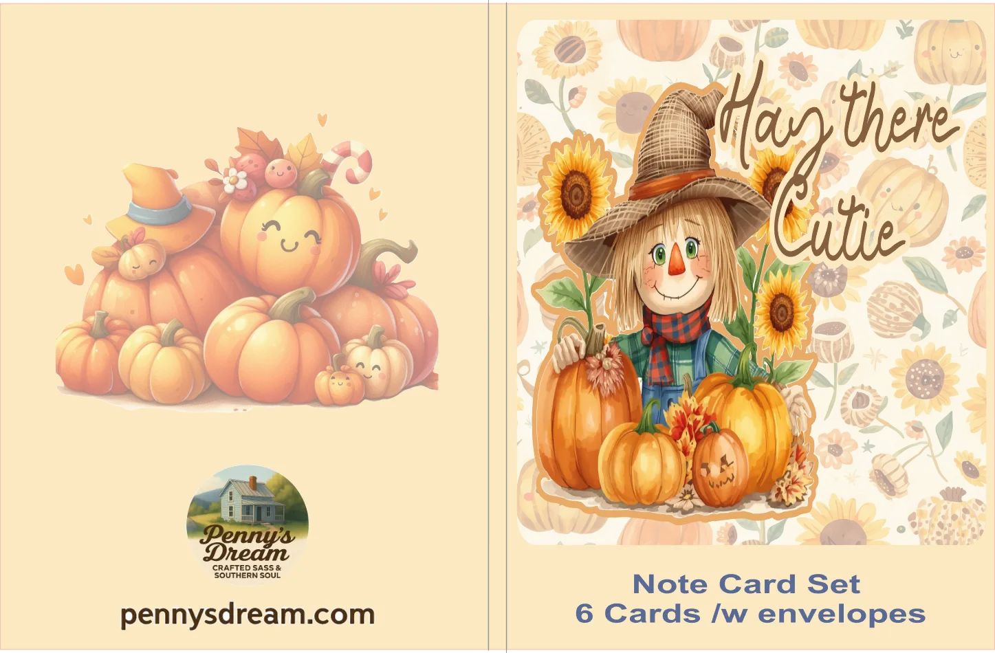 Note card set with pumpkins and scarecrow design, featuring 'Hay There Cutie' text.