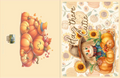Two autumn-themed greeting cards with pumpkins and scarecrows on a beige background.