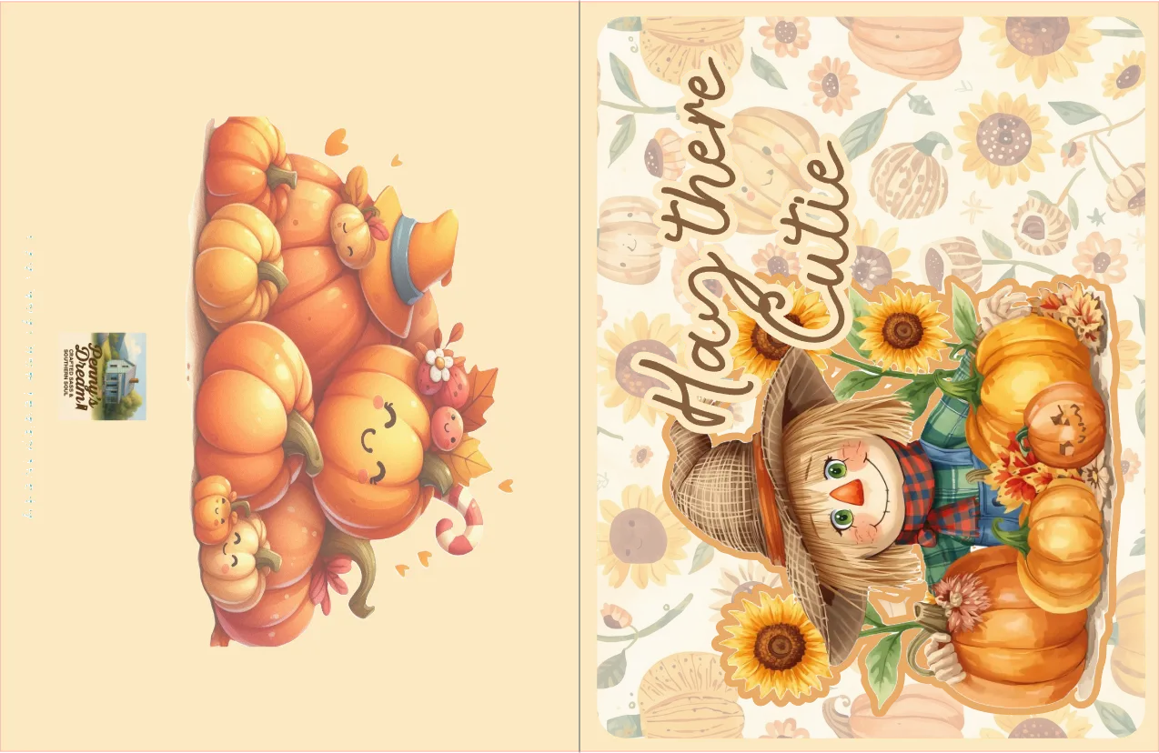 Two autumn-themed greeting cards with pumpkins and scarecrows on a beige background.