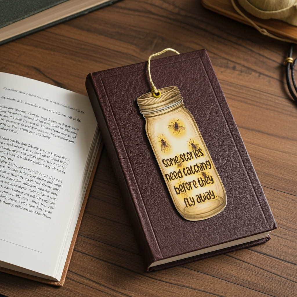 Decorative bookmark with a jar design on an open book