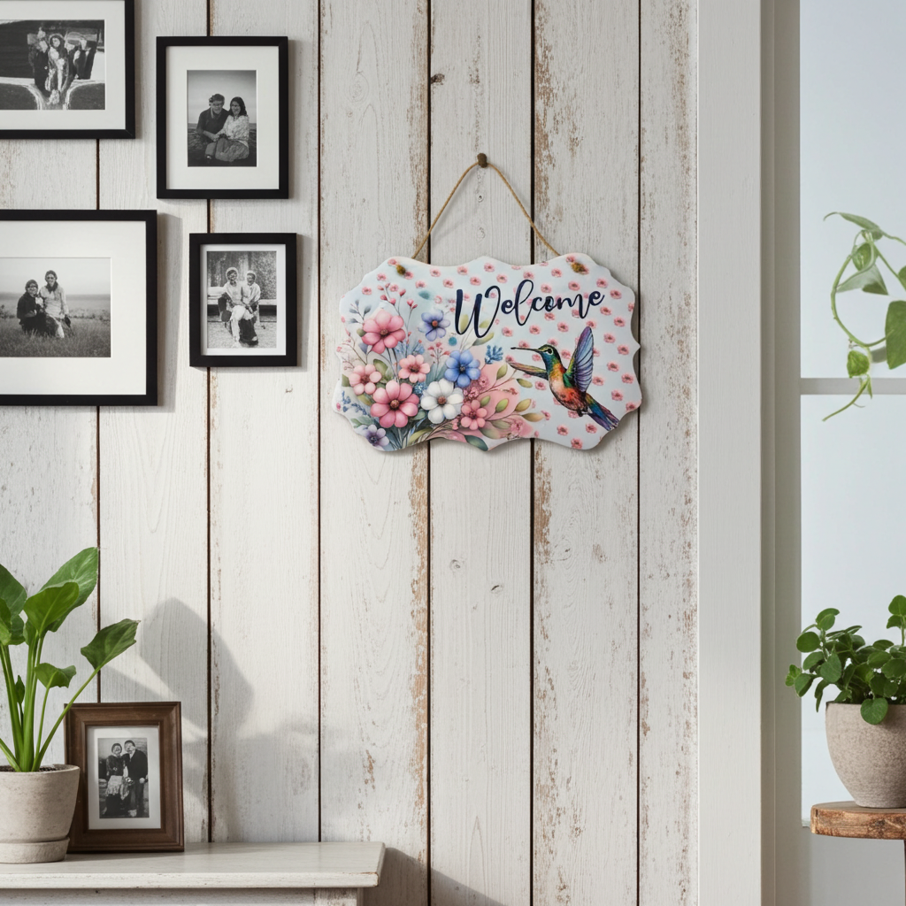 Decorative 'Welcome' sign with floral and bird design on a wooden wall with framed photos and plants.