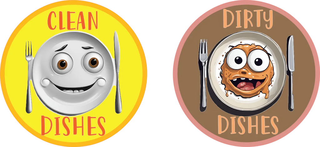 Two circular signs indicating 'Clean Dishes' and 'Dirty Dishes' with cartoon plates and utensils.
